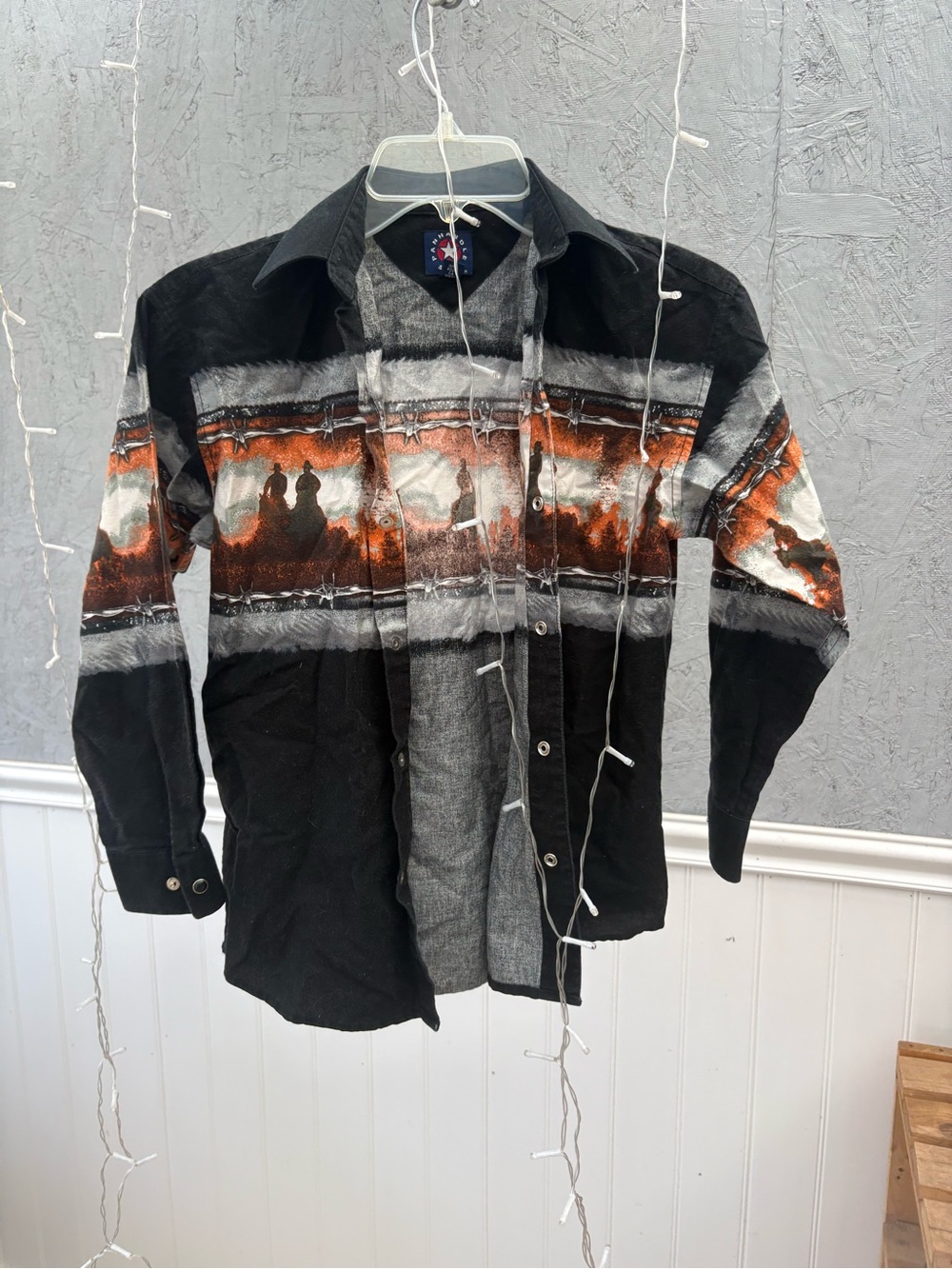 Panhandle Slim Black Button-Front Kids Western Shirt with Orange and Gray Stripe